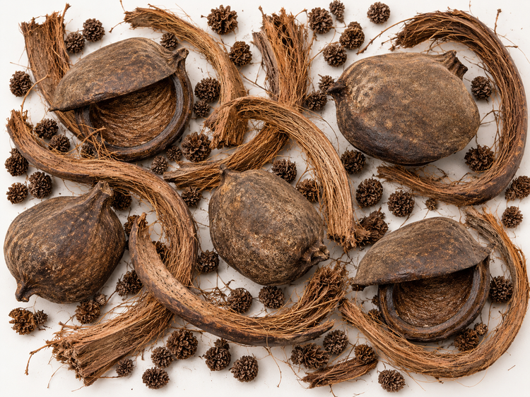 Group of sterculia pods, casuarina cones, and coconut husk laid out on a whiteish surface