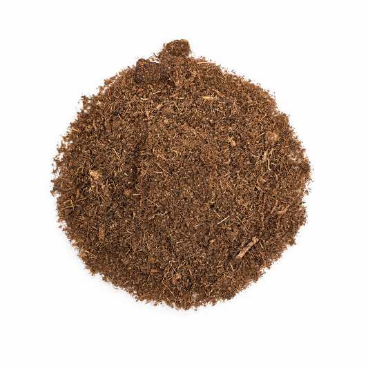 Top view of loose, fibrous dark brown sphagnum peat moss for blackwater substrate